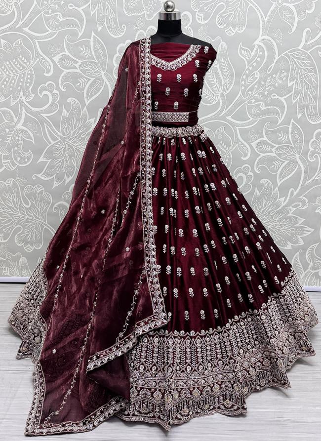 Burburry Silk Maroon Wedding Wear Embroidery Work Lehenga Choli